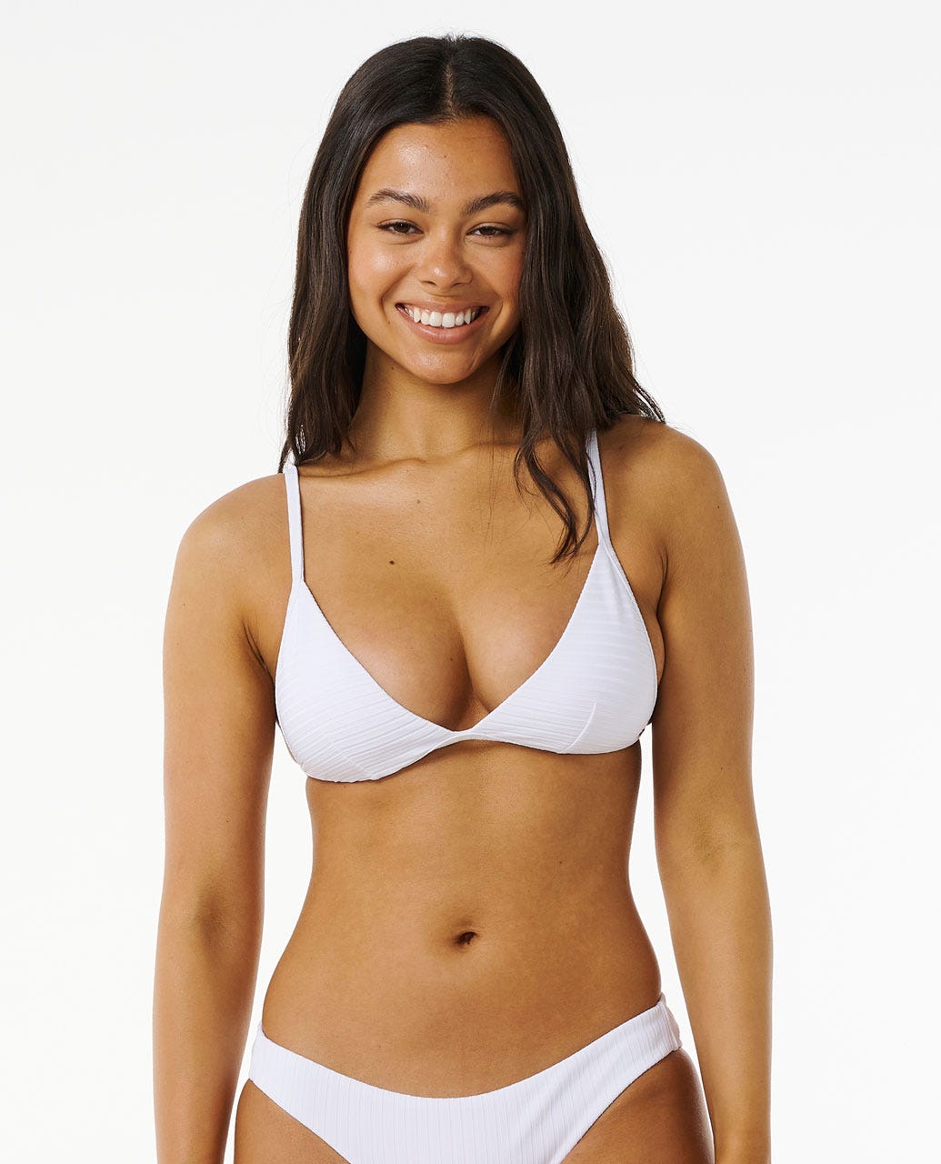 Premium Surf banded fixed triangle bikini top in White — lifestyle view, Rip Curl