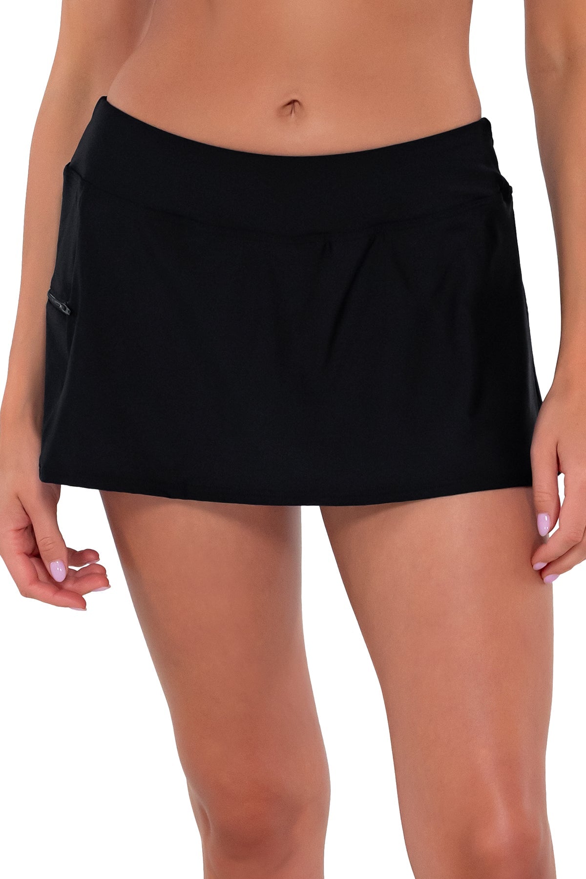Sporty swim skirt in Black — front view, Sunsets