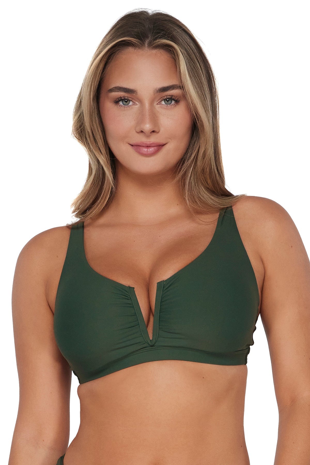 Vienna V-wire bikini top in Island Green — top front view, Sunsets