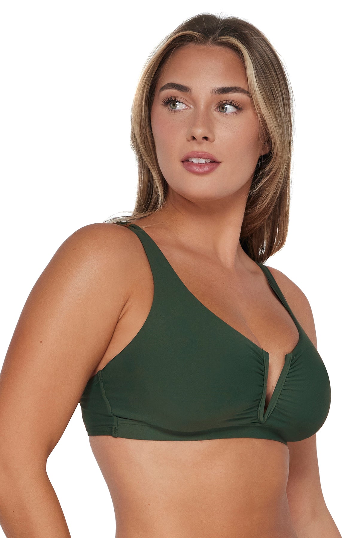 Vienna V-wire bikini top in Island Green — quarter view, Sunsets