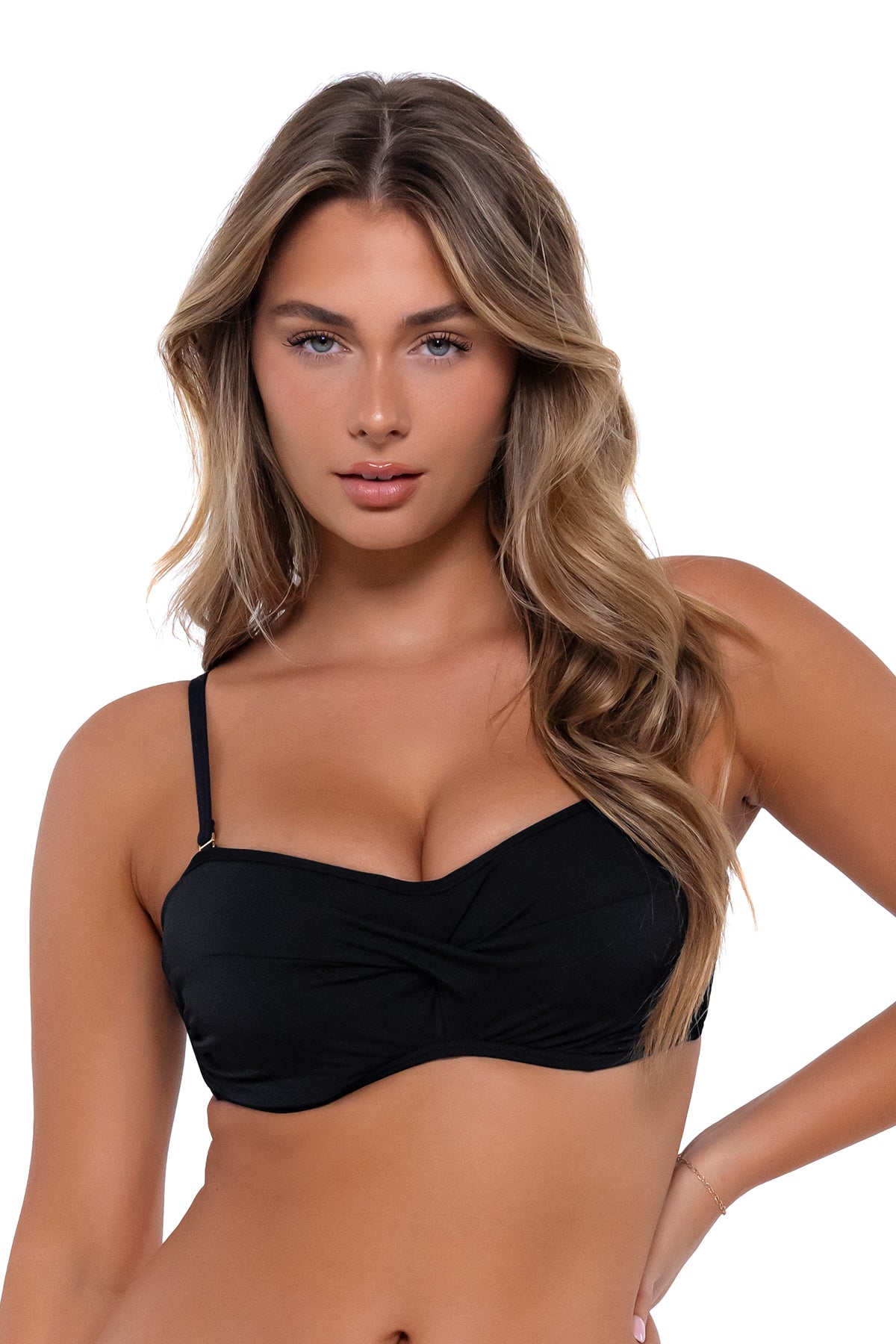 Iconic twist bandeau bikini top in Black — front view, Sunsets