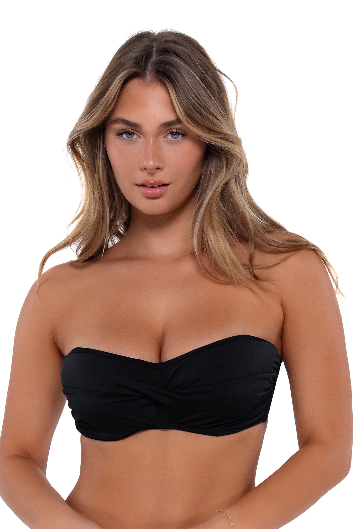 Iconic twist bandeau bikini top in Black — alternate front view, Sunsets