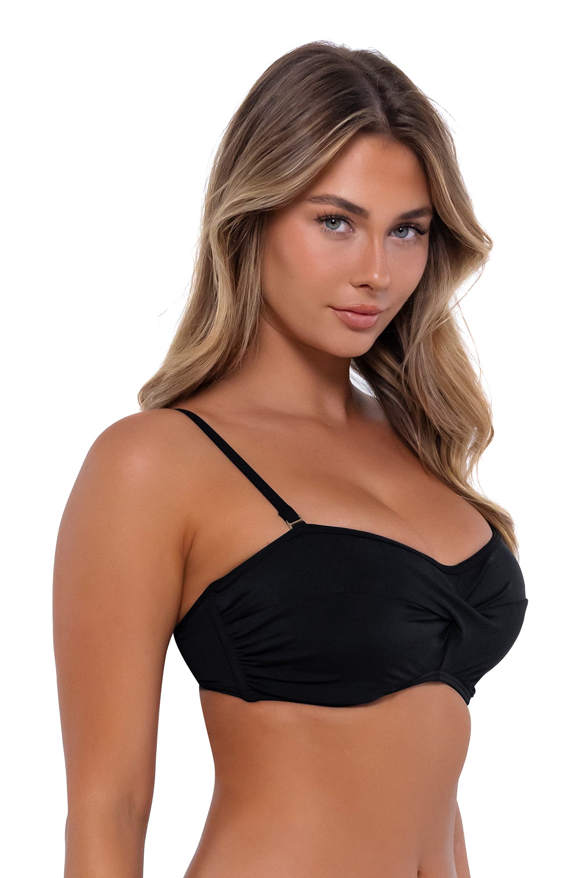 Iconic twist bandeau bikini top in Black — quarter view, Sunsets