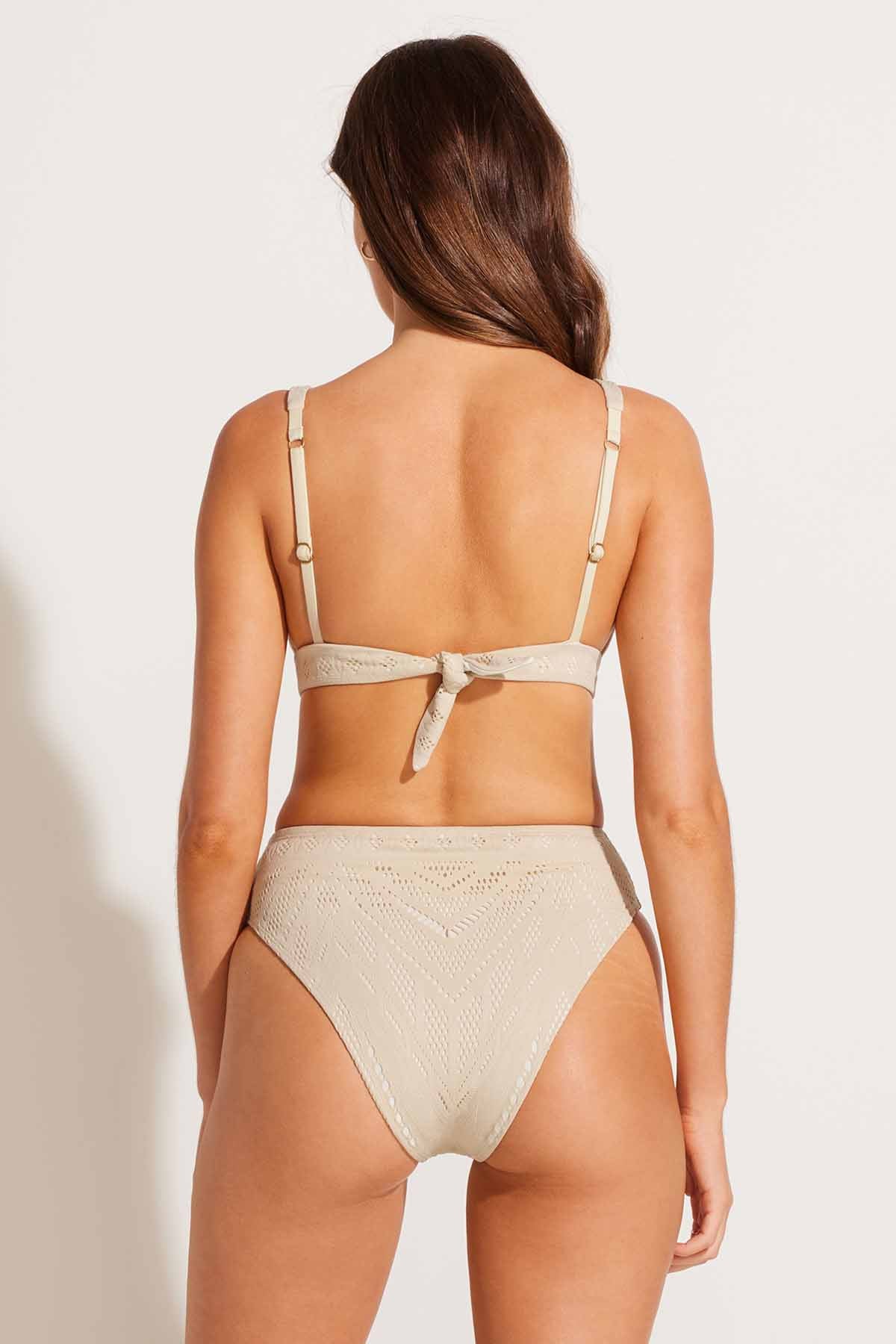 Barcelona high waisted bikini bottom in Natural Calico Crochet — back view, Vitamin A