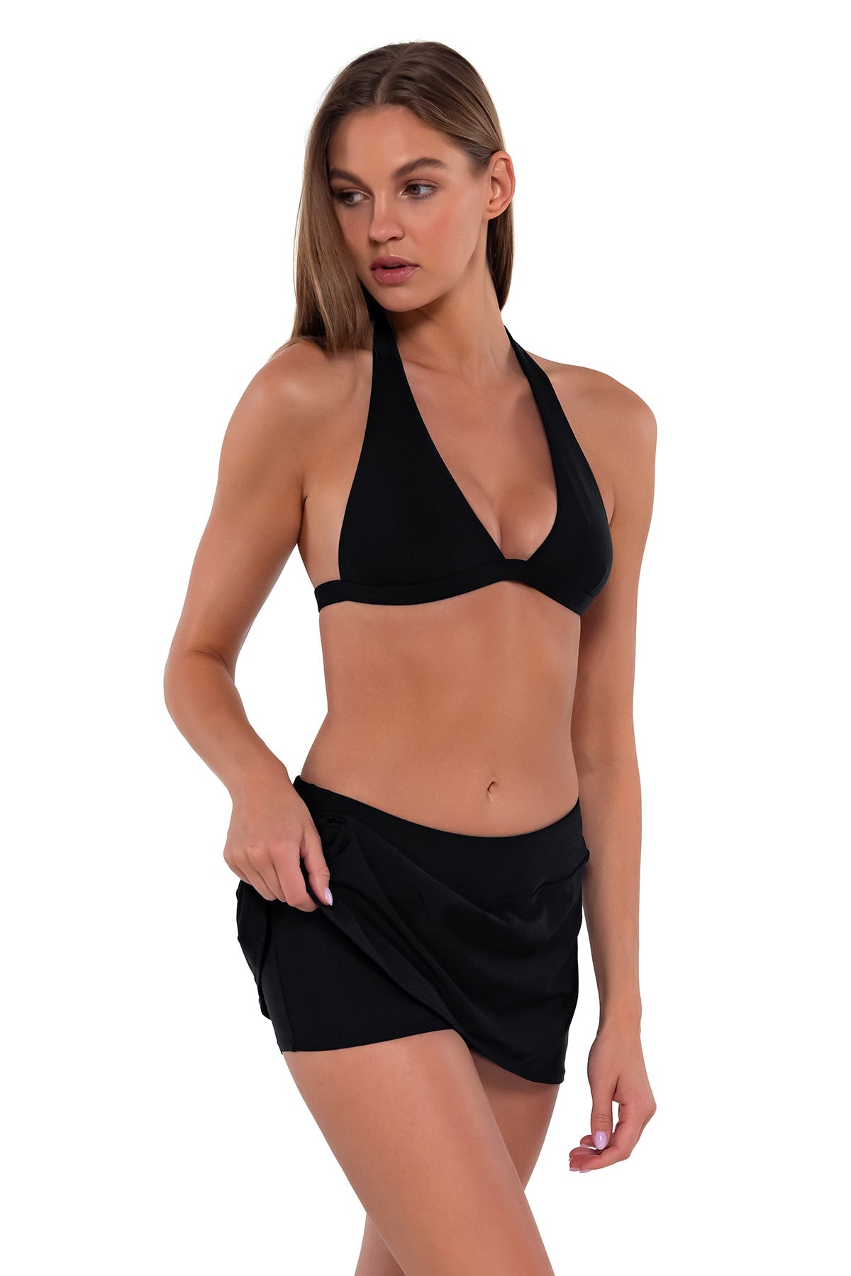 Sporty swim skirt in Black — full quarter view, Sunsets