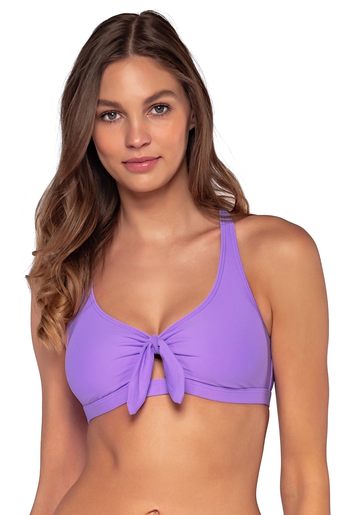 Brandi bralette bikini top in Passion Flower — front view, Sunsets