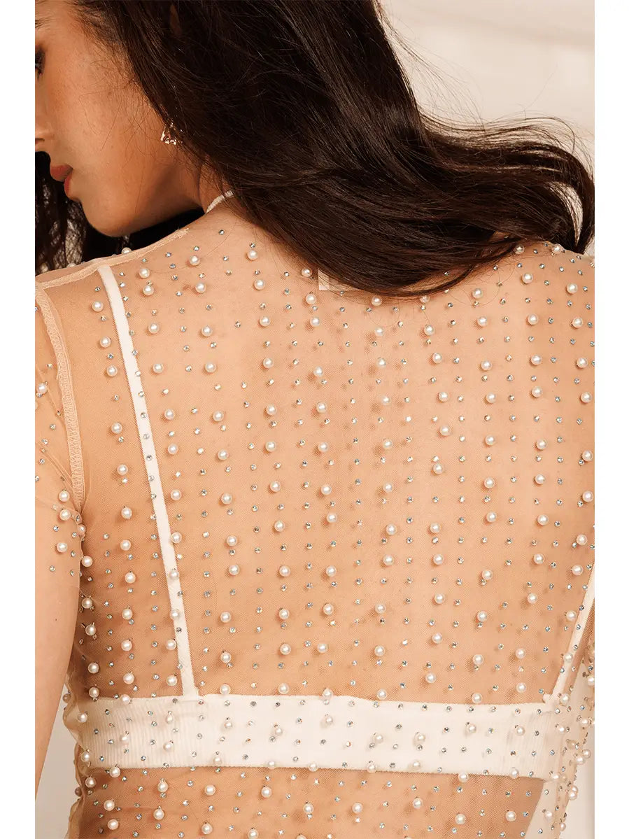 Pearl and Rhinestone Embellished Long Sleeve Mesh Top