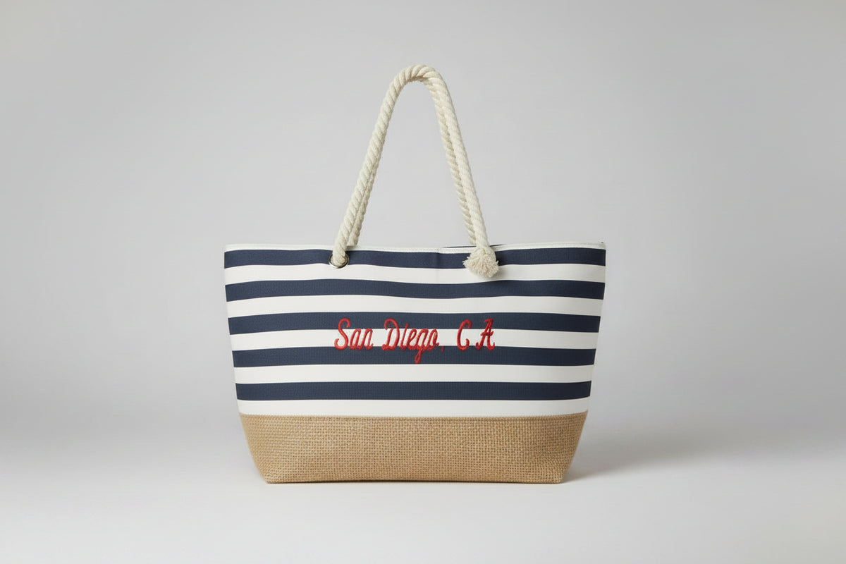 canvas stripe beach bag navy