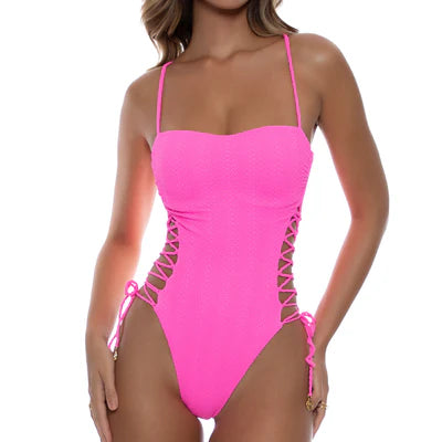 Wavy Baby Square Neck Laced Up One Piece