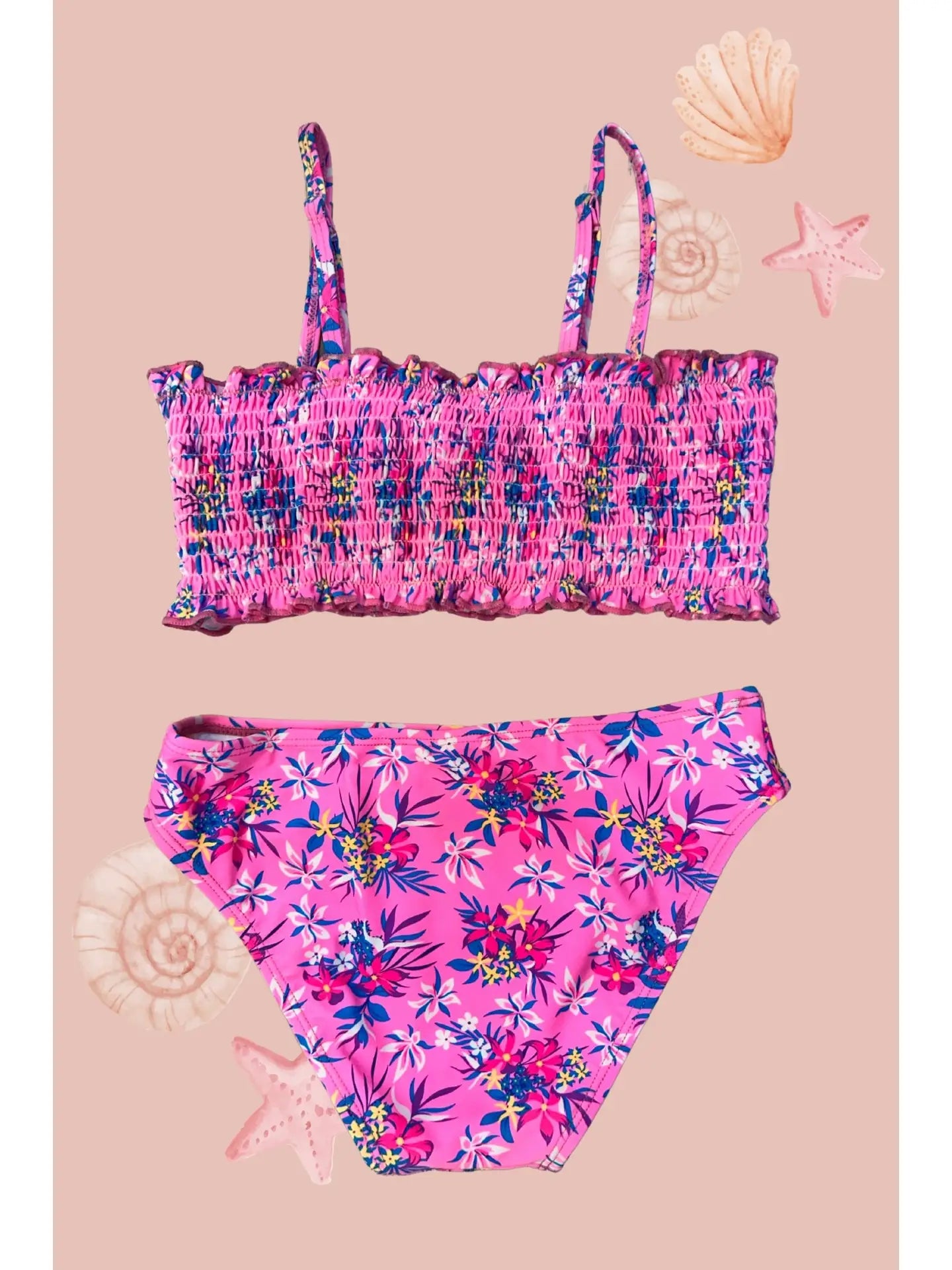 Kids Pink Shirred Floral Print Two Piece