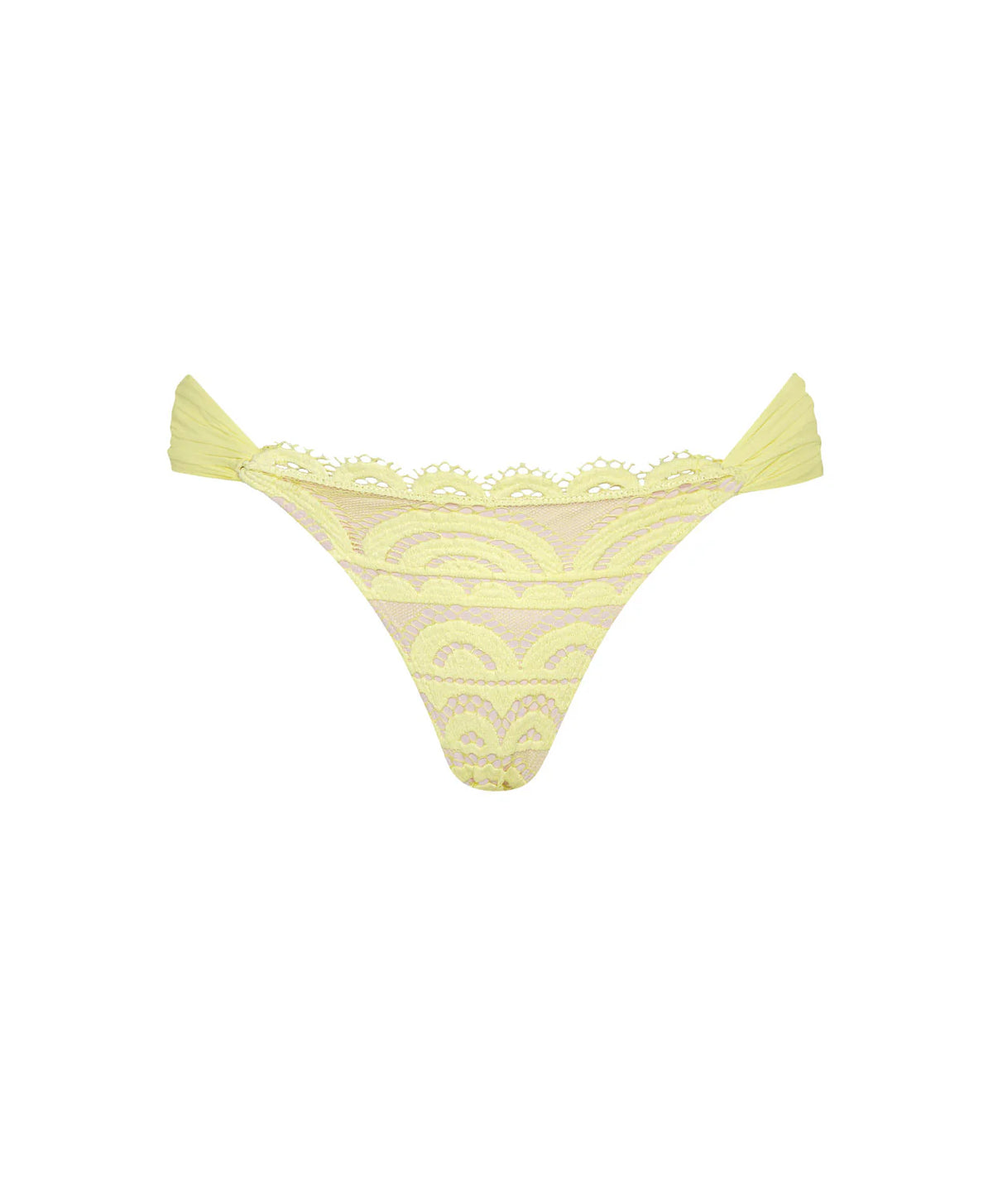 Lace fanned teeny bikini bottom in Buttercup — flat view, PQ Swim