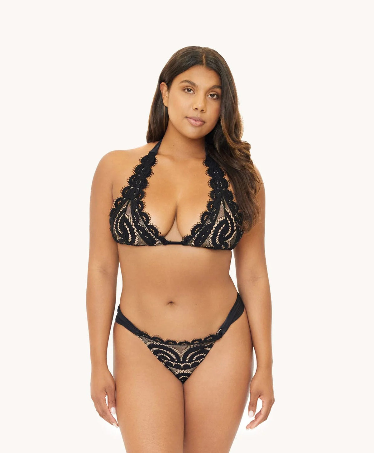 Lace halter bikini top in Midnight Black — studio view 3, PQ Swim