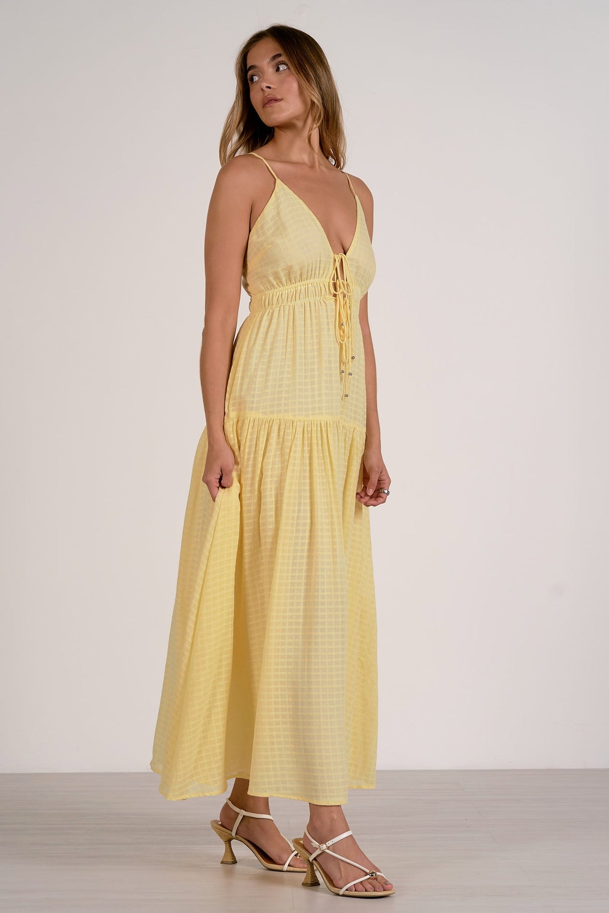 Tiered Tie Front Textured Maxi Dress