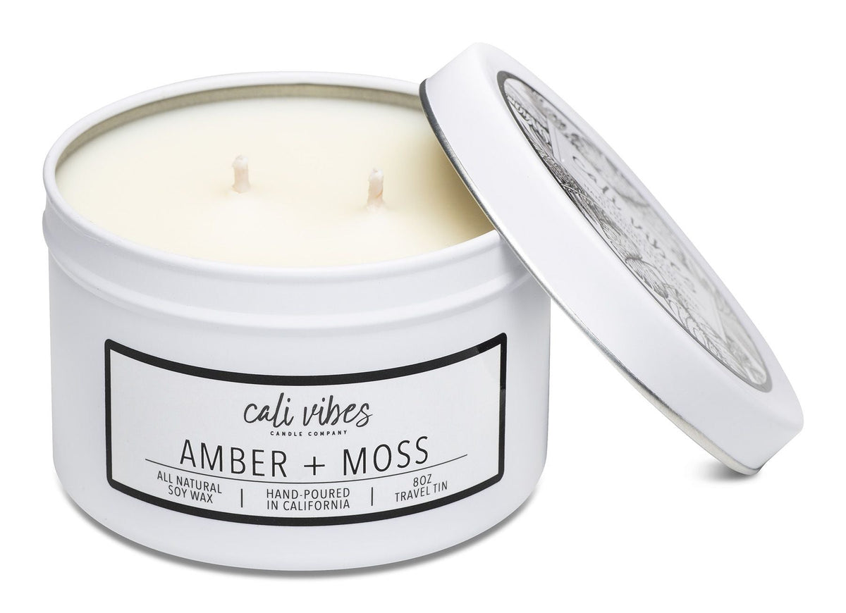 Amber + Moss Cali Vibes 8oz travel tin candle — front view