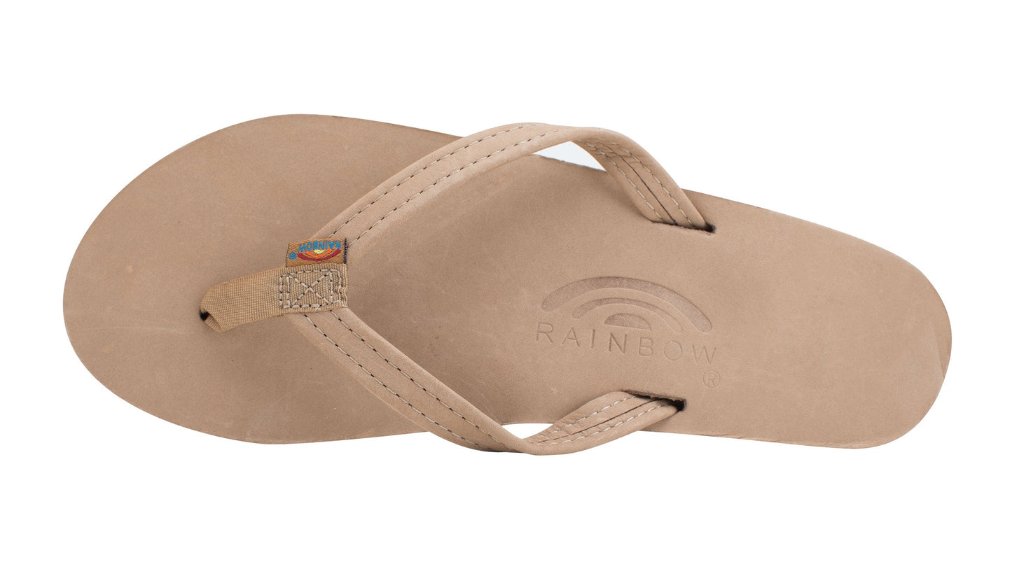 Premier leather single layer arch narrow strap sandal in Expresso — side view, Rainbow Sandals