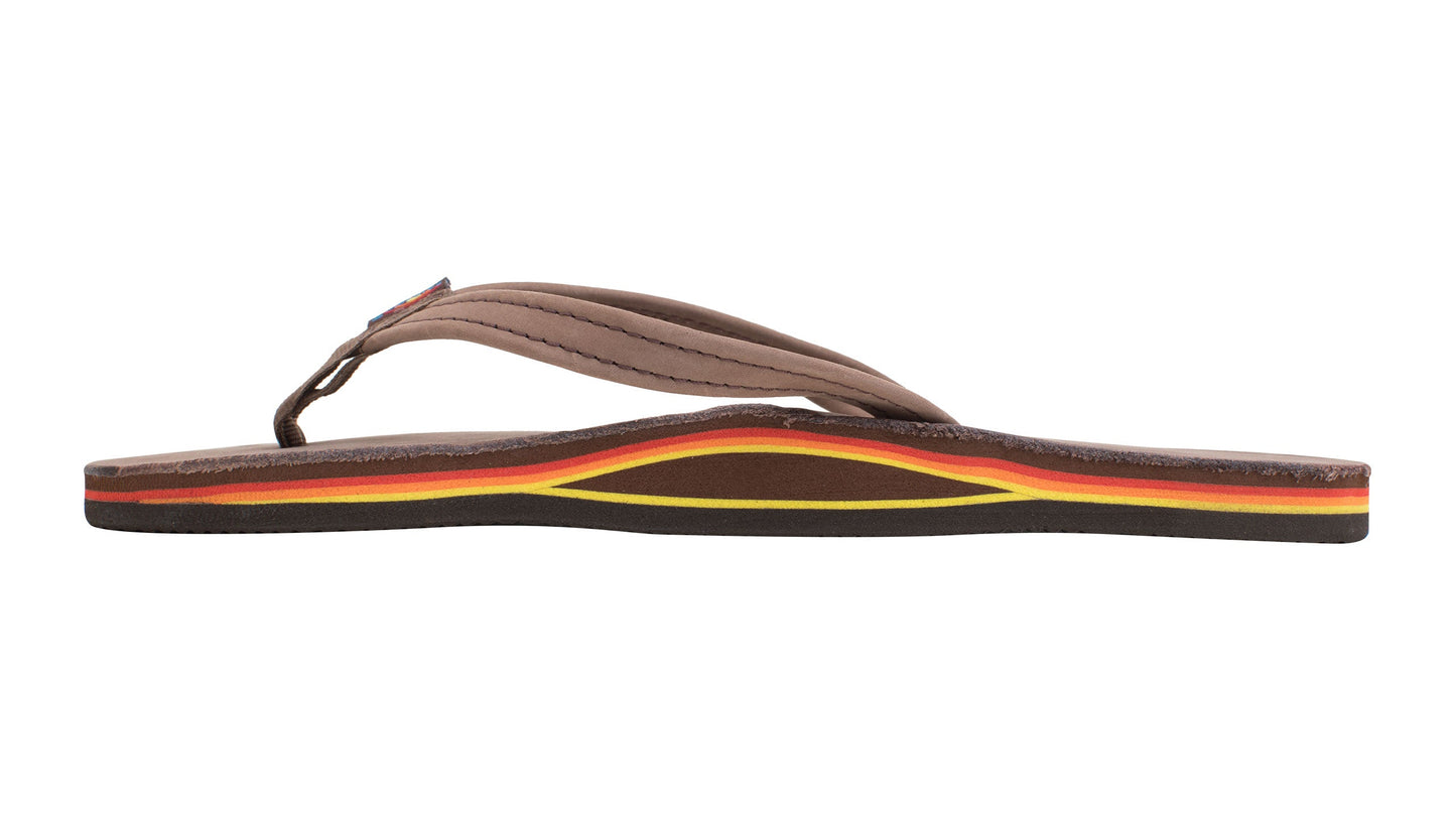 Premier leather single layer arch narrow strap sandal in Sierra Brown — top view, Rainbow Sandals