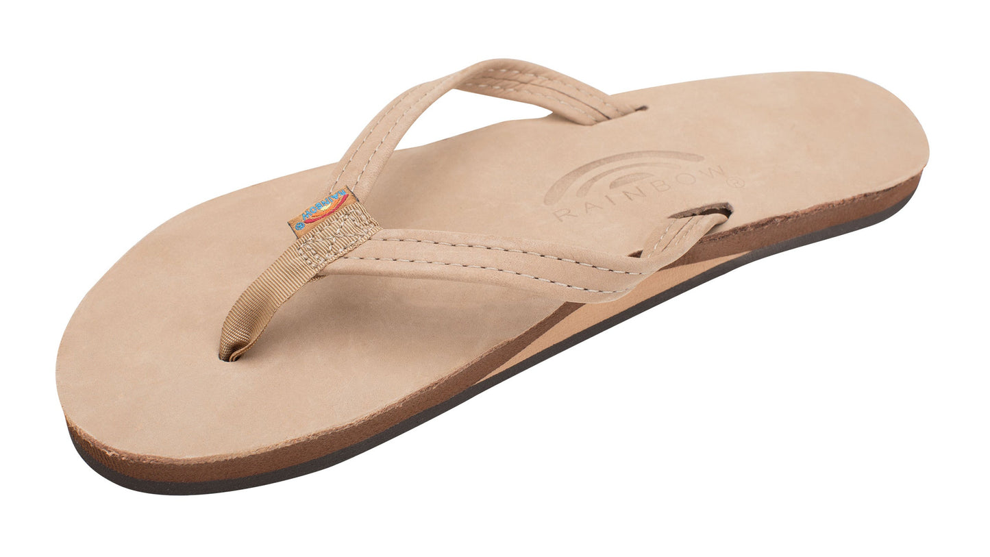 Premier leather single layer arch narrow strap sandal in Expresso — top view, Rainbow Sandals