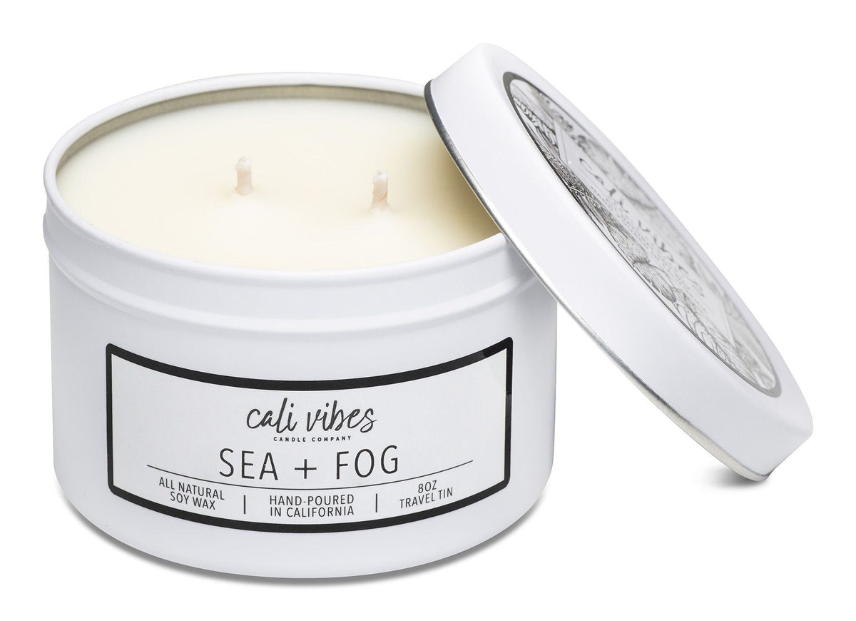 Sea + Fog Cali Vibes 8oz travel tin candle — front view