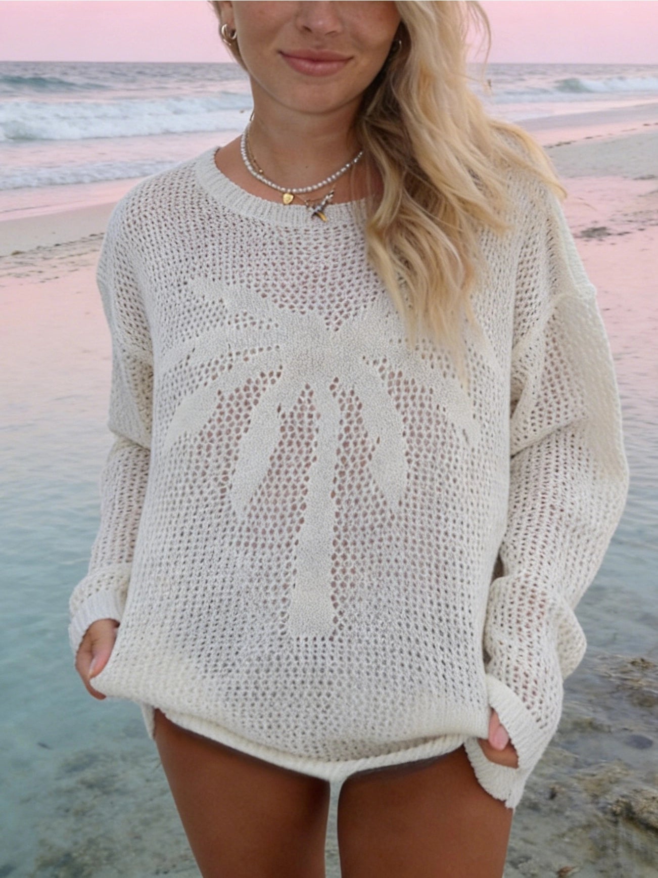 Palm Tree Open Knit Cover Up Sweater