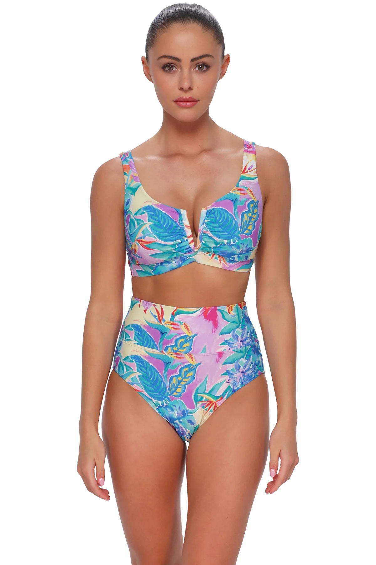 Hannah high waist bikini bottom in Aloha Vista — full front view, Sunsets