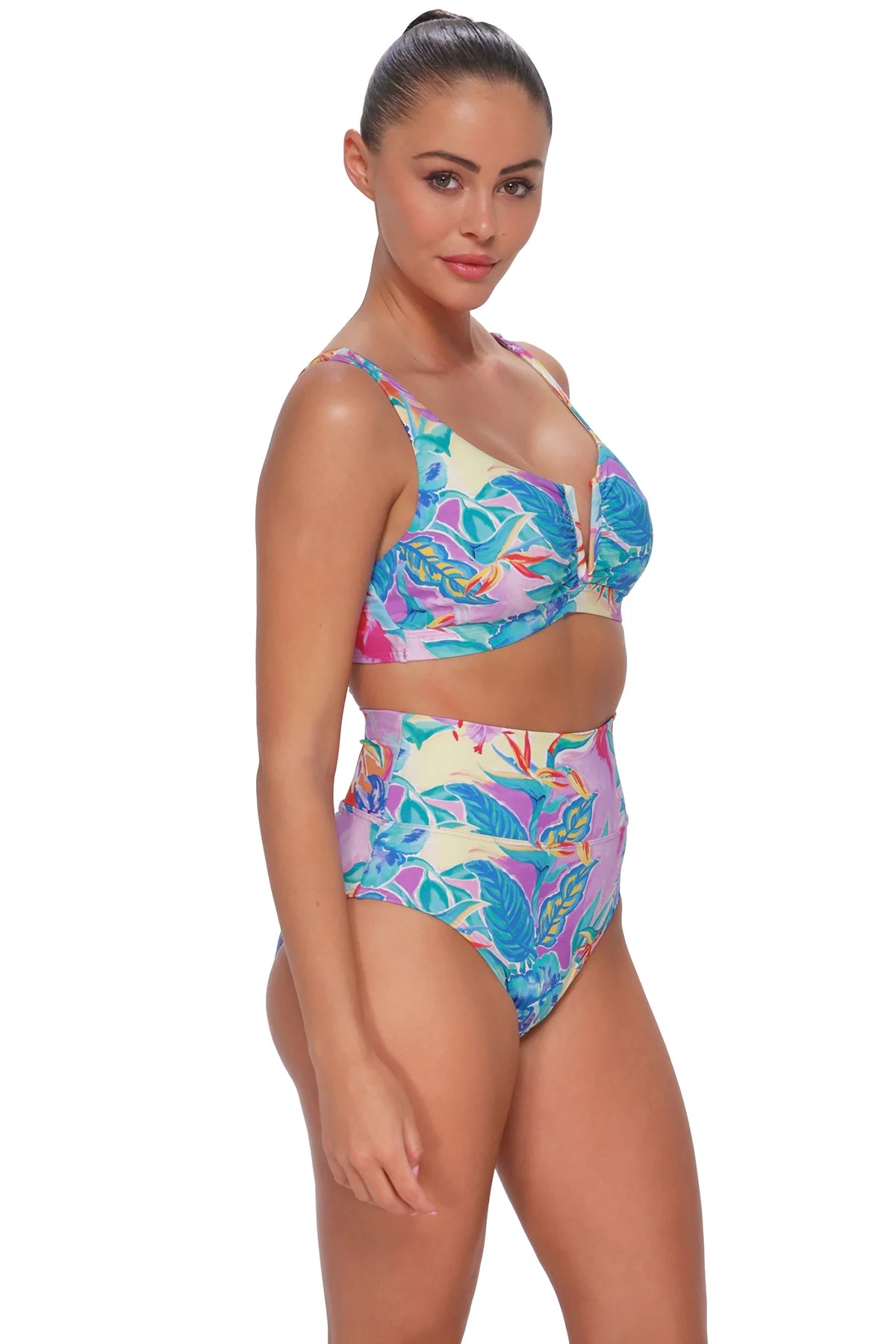 Hannah high waist bikini bottom in Aloha Vista — full quarter view, Sunsets