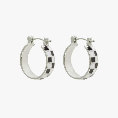 Checkerboard Silver Huggie Earrings