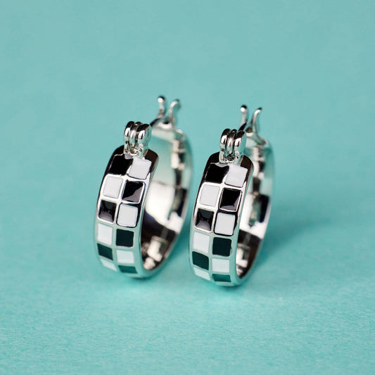Checkerboard Silver Huggie Earrings