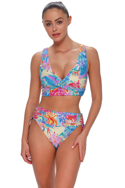 Elsie bikini top in Aloha Vista — active full view, Sunsets