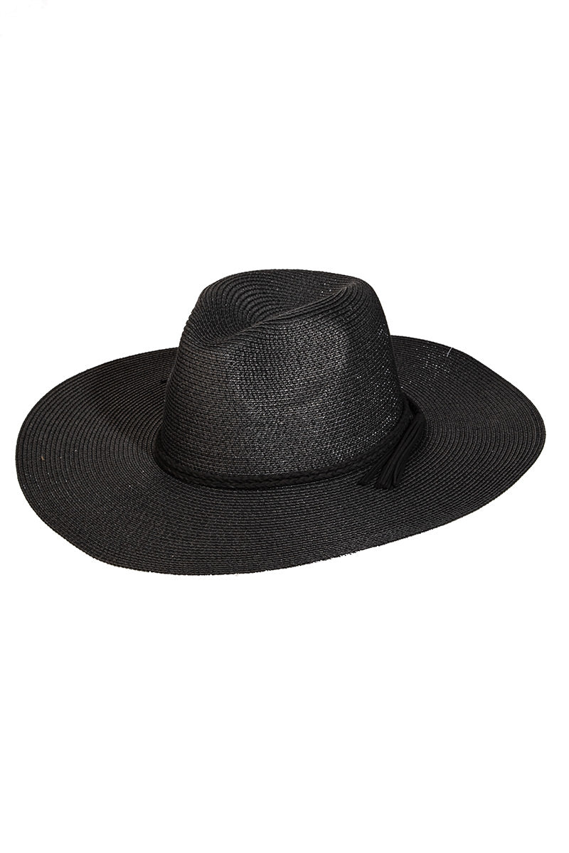 Straw braided rope strap sun hat in black by Fame Accessories