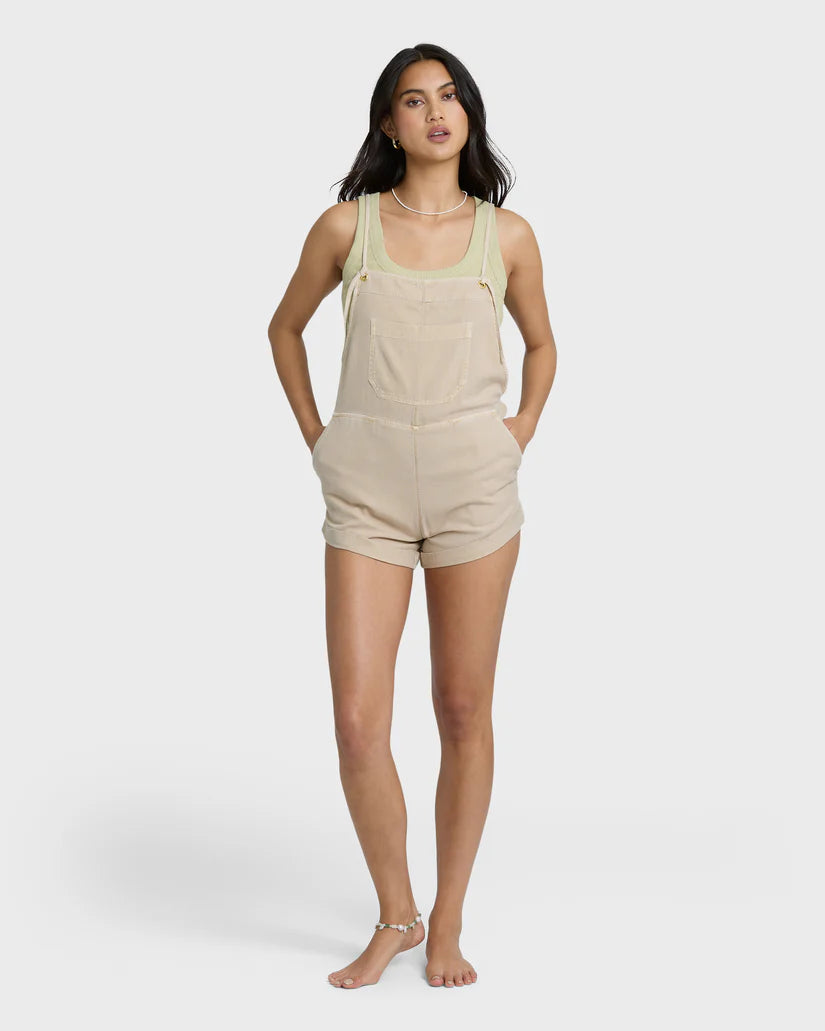 Wild Pursuit short overall in Oatmeal — full body view, Billabong