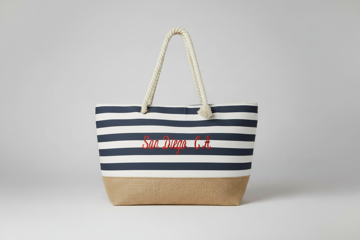 canvas stripe beach bag navy