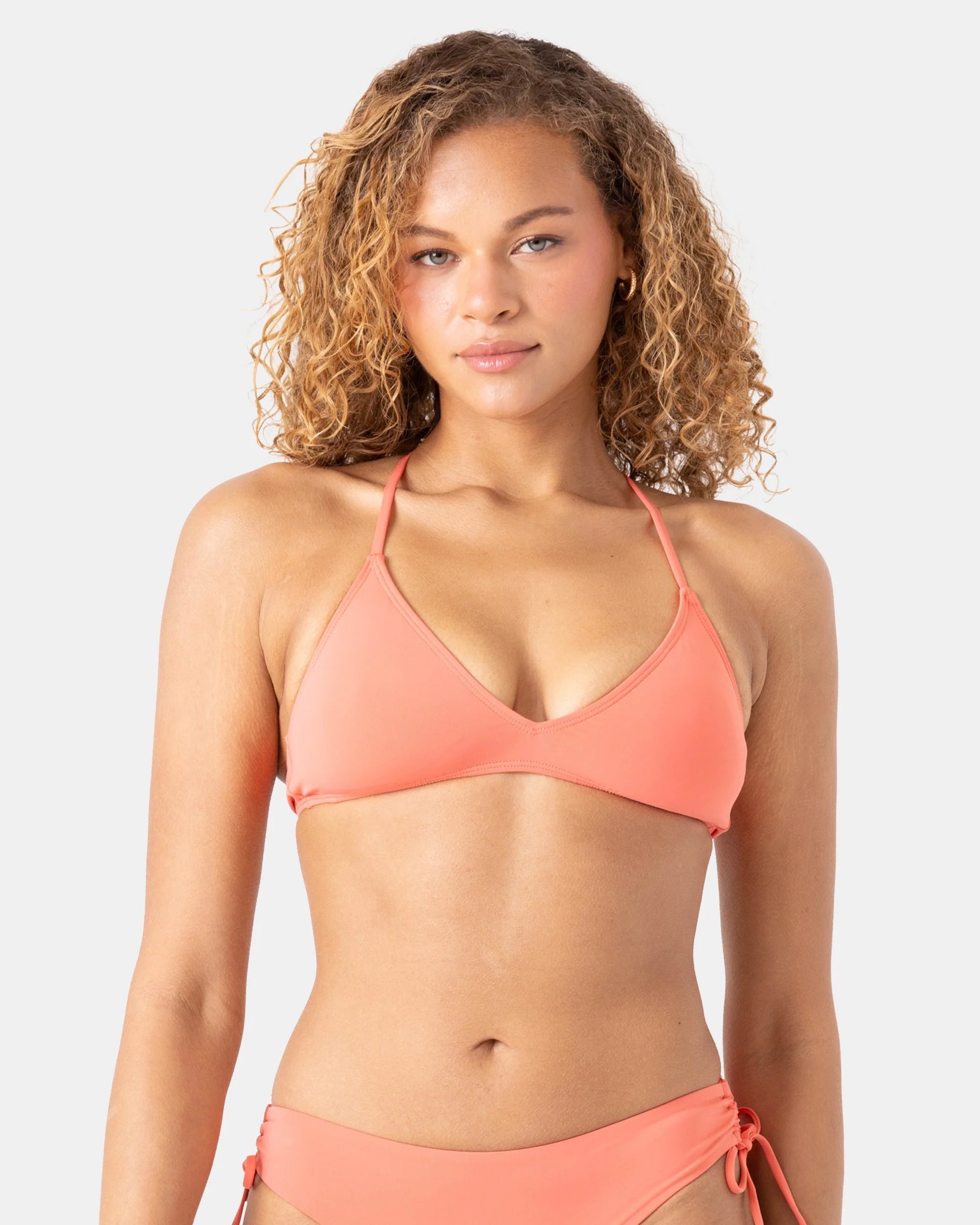 Solid Beach Classics athletic triangle bikini top in Hot Coral — packshot view, Roxy