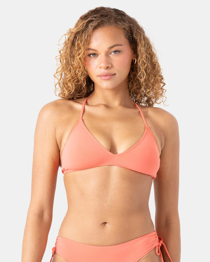 Solid Beach Classics athletic triangle bikini top in Hot Coral — packshot view, Roxy