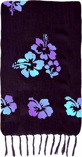 Black Sarong with Turquoise and Purple Hibiscus