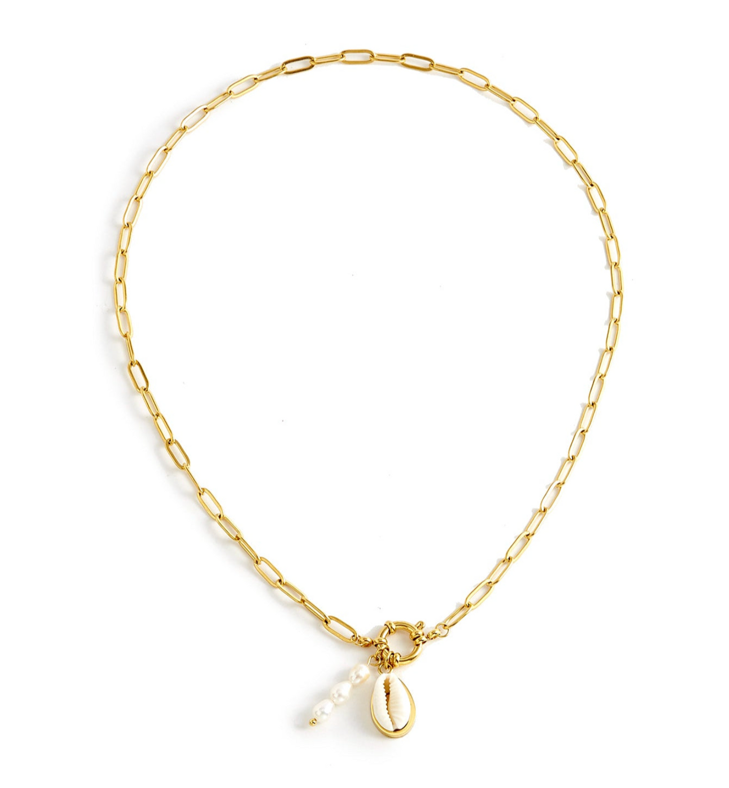 Paperclip Necklace with Shell and Pearl
