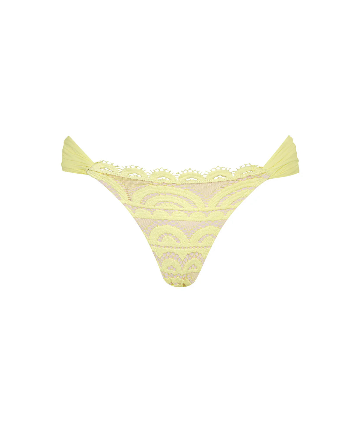 Lace fanned teeny bikini bottom in Buttercup — flat view, PQ Swim