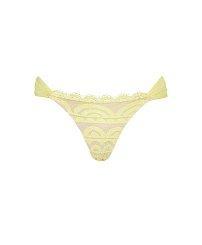 Lace fanned teeny bikini bottom in Buttercup — flat view, PQ Swim