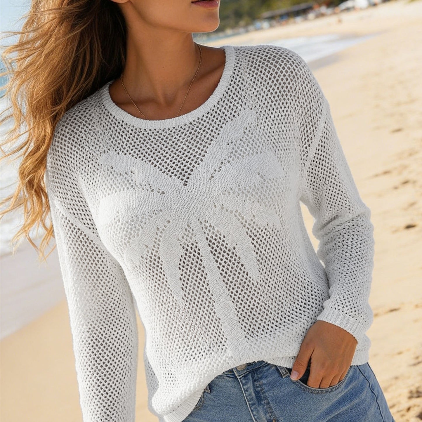 Palm Tree Open Knit Cover Up Sweater