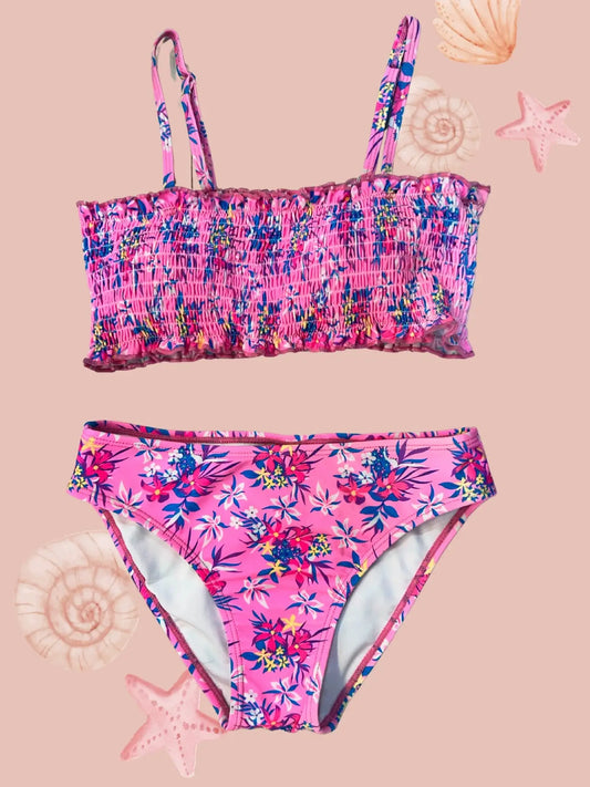 Kids Pink Shirred Floral Print Two Piece