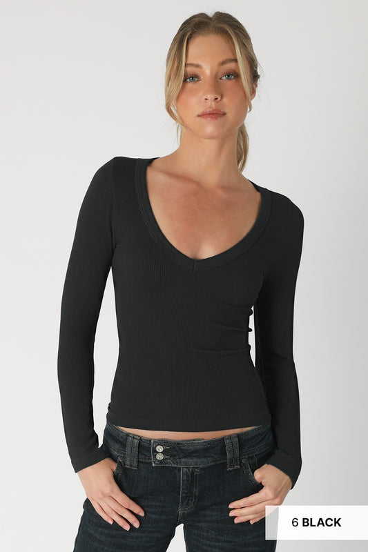Long Sleeve Ribbed V Neck