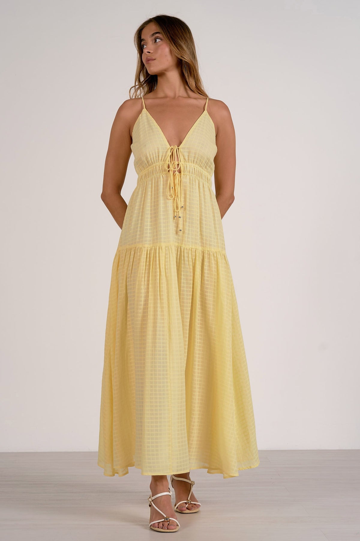 Tiered Tie Front Textured Maxi Dress