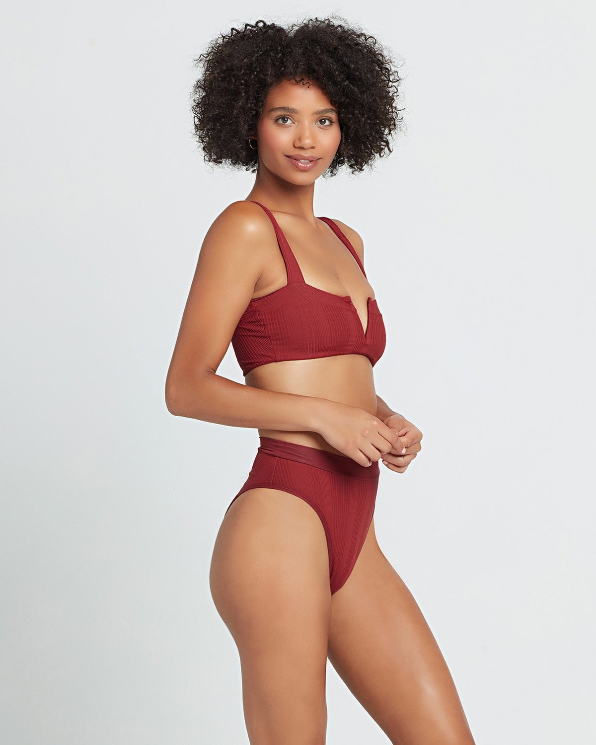 High-Waisted French-Cut Ribbed Bikini Swim Bottoms